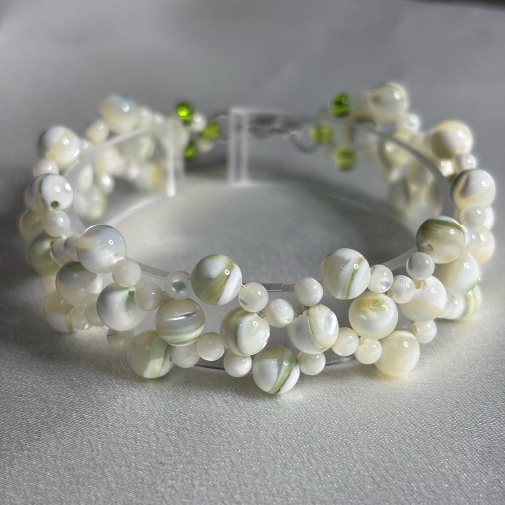 Hand crafted white and green shell bracelet and mother of pearl 7.5 in